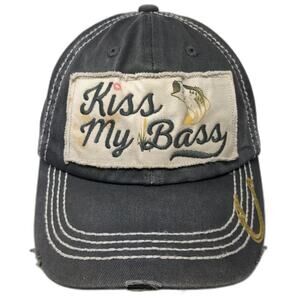 Cheeky's Kiss My Bass Baseball Cap Gray One Size Fish Hook Frayed Patch Hat